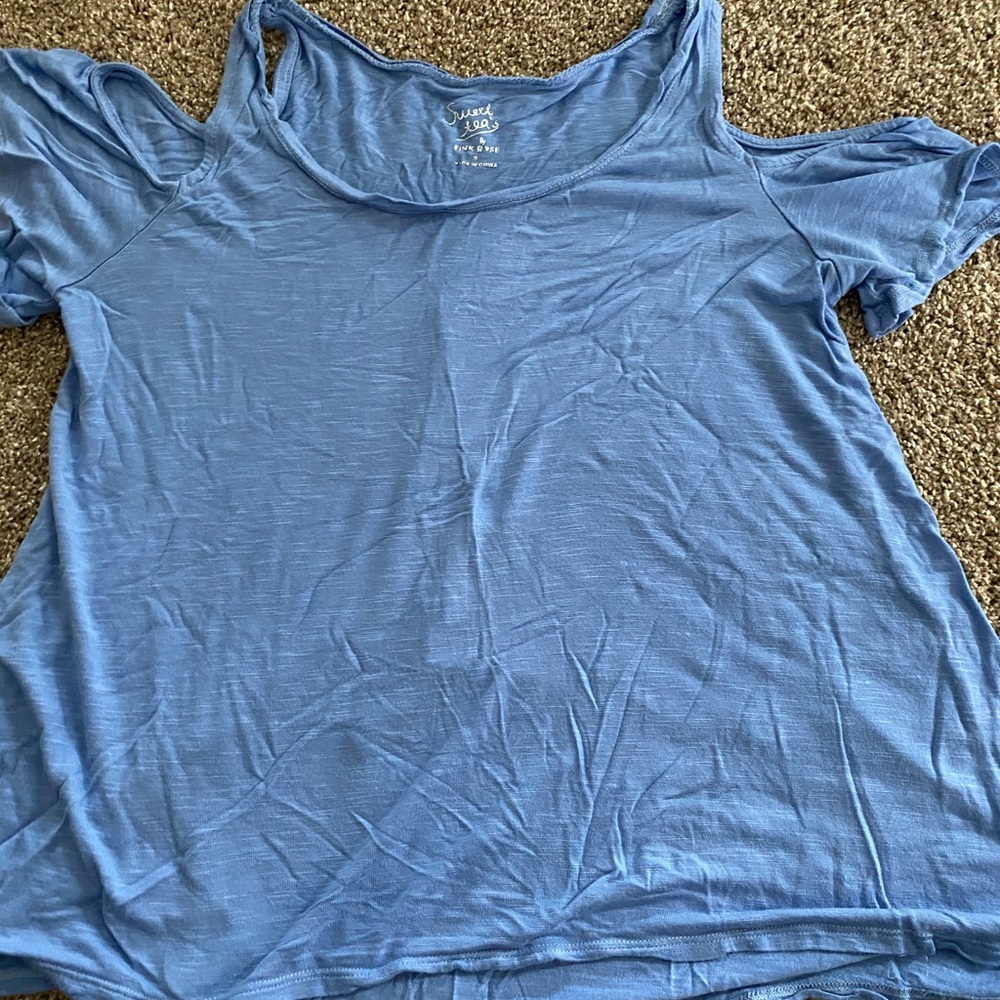 blue cold shoulder blouse